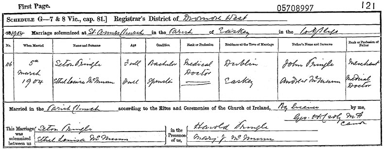 Marriage Certificate of Seton Sydney Pringle and Ethel Louisa McMunn - 5 March 1904