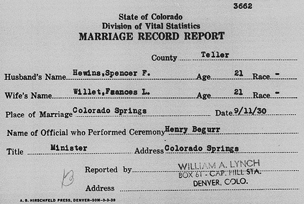 Wedding record for Spencer Foster Hewins and Frances Louisa Willett