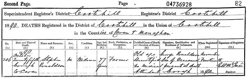 Death Certificate of Stephen Ronaldson - 25 October 1890
