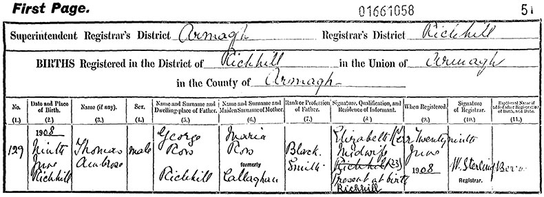 Birth Certificate of Thomas Ambrose Ross - 9 June 1908