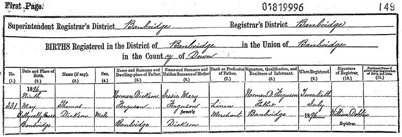 Birth Certificate of Thomas Dickson Ferguson - 9 May 1896