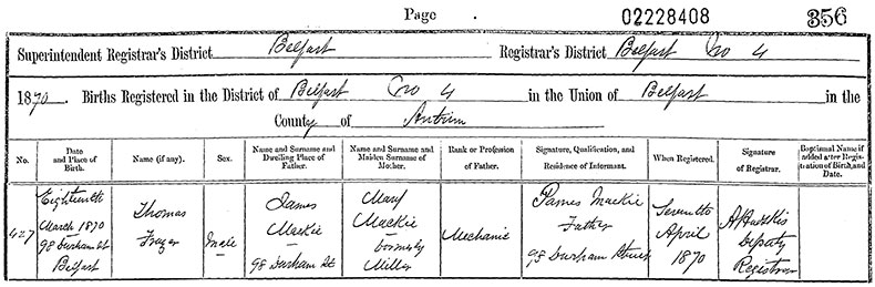 Birth Certificate of Thomas Frazer Mackie - 18 March 1870