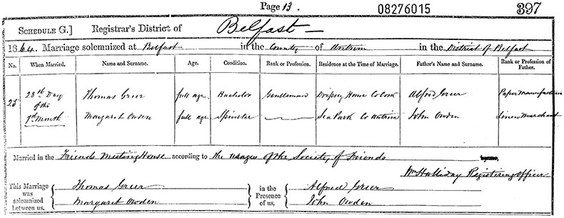 Marriage Certificate of Thomas Greer and Margaret Owden - 28 July 1864