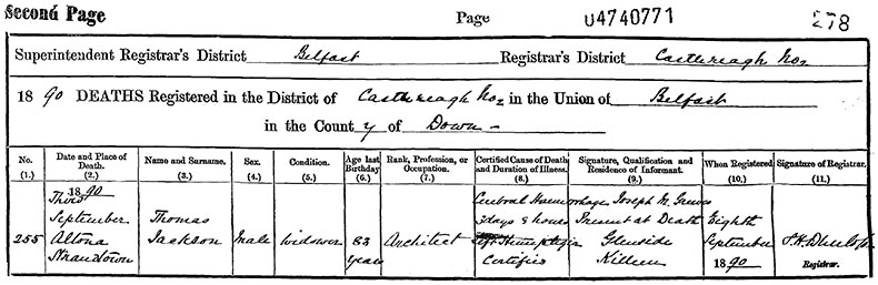 Death Certificate of Thomas Jackson - 3 September 1890