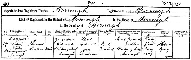 Birth Certificate of Thomas Sinton Edwards - 29 April 1877