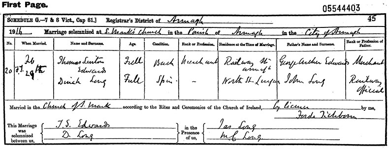 Marriage Certificate of Thomas Sinton Edwards and Dinah Long - 29 February 1916