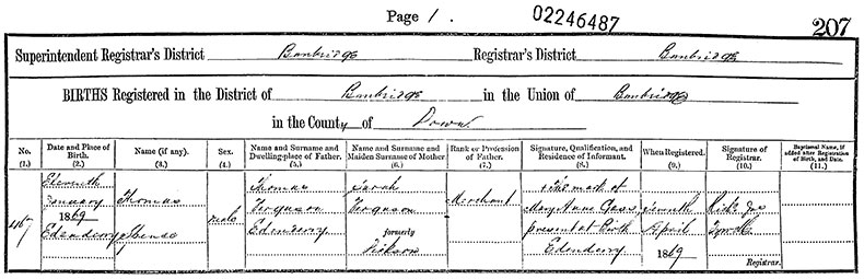 Birth Certificate of Thomas Spencer Ferguson - 11 January 1869