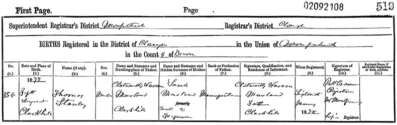 Birth Certificate of Thomas Stanley Murland - 5 August 1877