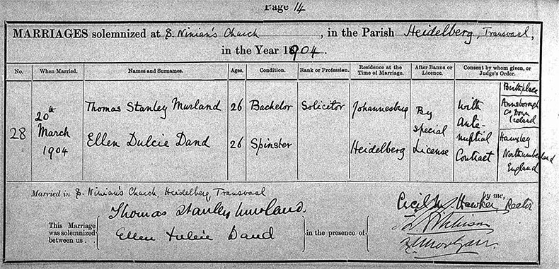 Marriage Certificate of Thomas Stanley Murland and Ellen Dulcie Dand - 20 March 1904
