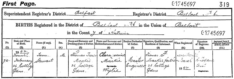 Birth Certificate of Thomas Stewart Mackie - 4 February 1902