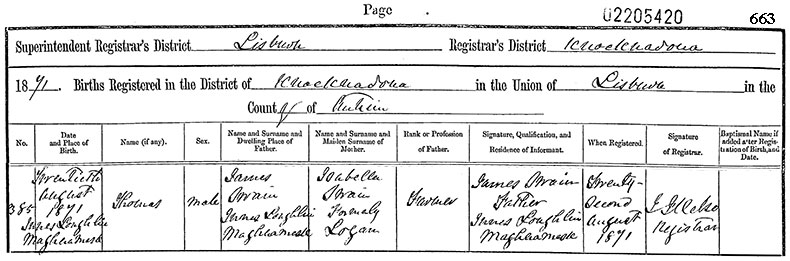 Birth Certificate of Thomas Swain - 20 August 1871