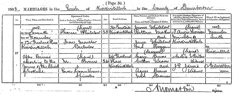 Marriage Certificate of Thomas Whitelaw and Margaret Burns - 7 November 1902