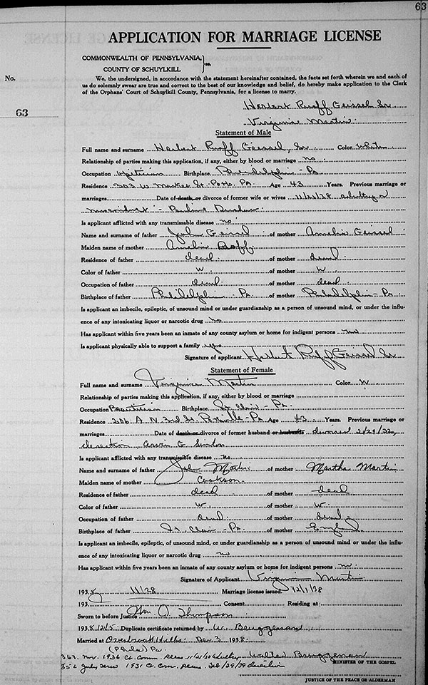 Marriage certificate of Herbert Geissel and Virginia Martin