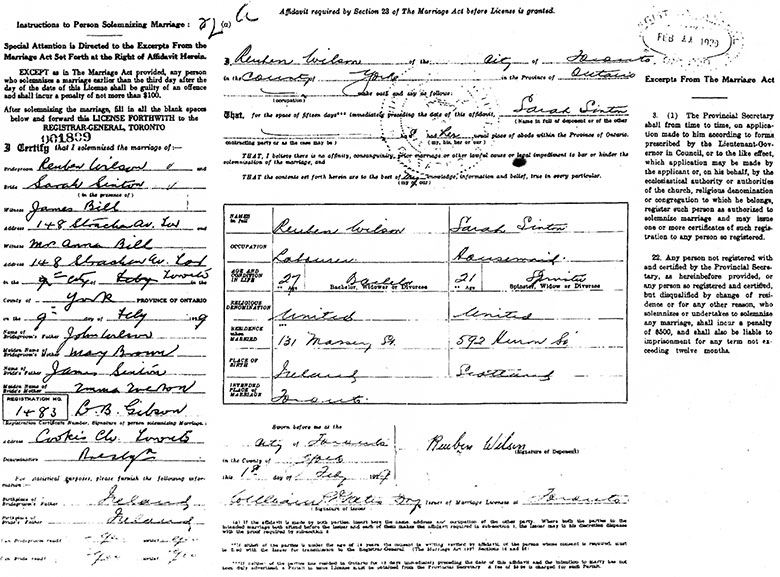 Marriage Details of Reuben Wilson and Sarah Sinton - 9 February 1929