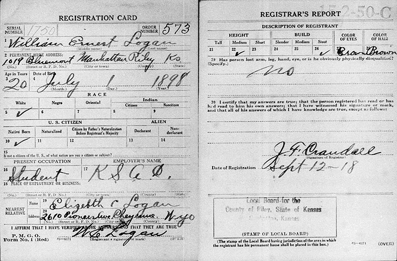 World War I Draft Registration Card for William Ernest Logan