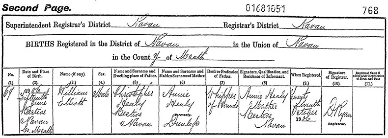 Birth Certificate of William Elliott Healy - 15 June 1906