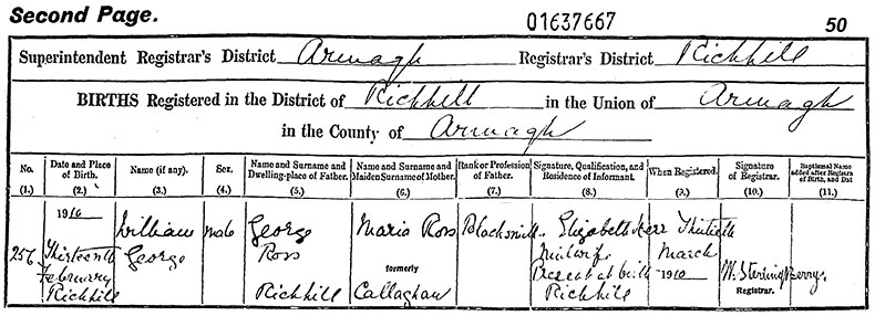 Birth Certificate of William George Ross - 13 February 1910