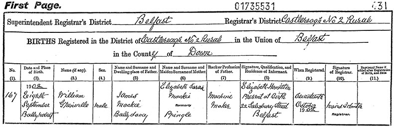 Birth Certificate of William Grenville Mackie - 8 September 1902