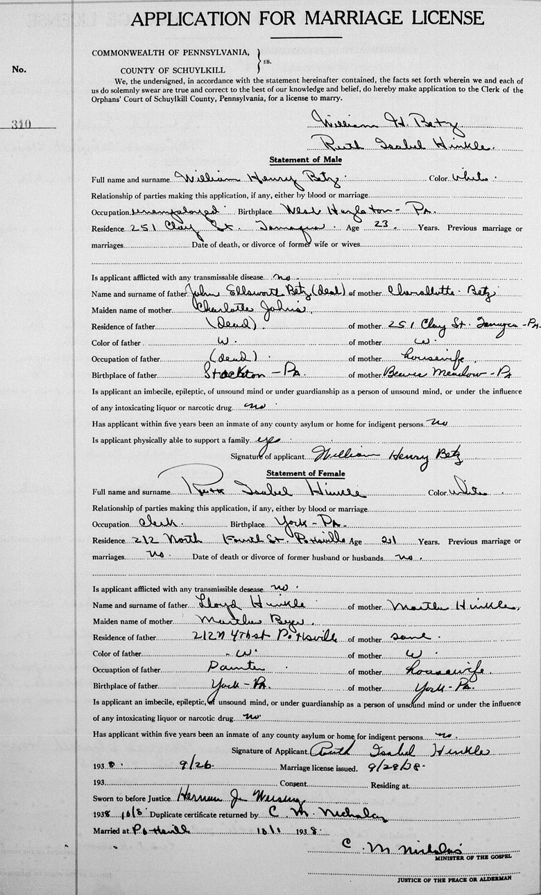 Marriage License of William Henry Betz and Ruth Isabel Hinkle