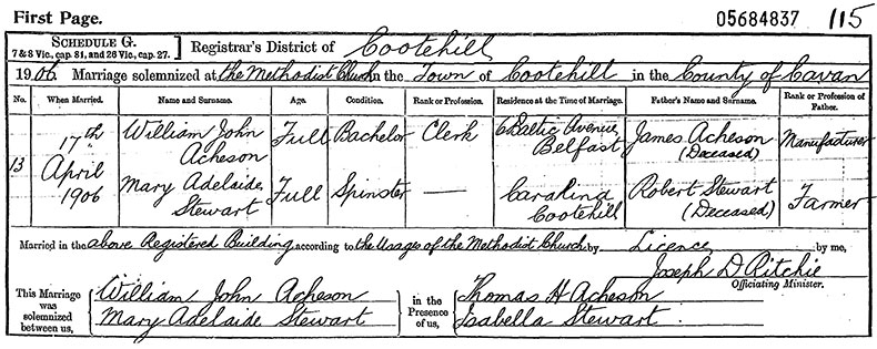 Marriage Certificate of William John Acheson and Mary Adelaide Stewart - 17 April 1906