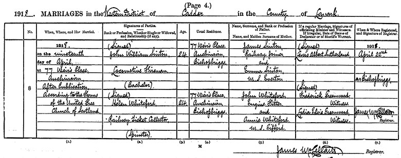 Marriage Certificate of William John Sinton and Helen Baillie Whiteford - 19 April 1918