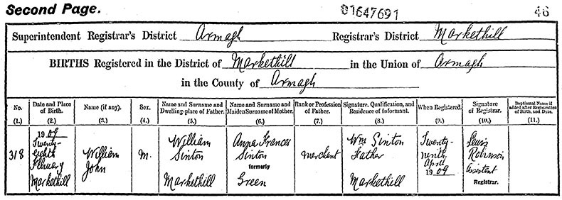 Birth Certificate of William John Sinton - 28 February 1909