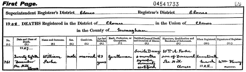 Death Certificate of William Parke - 28 December 1907