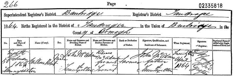 Birth Certificate of William Robert McAdam - 8 February 1864