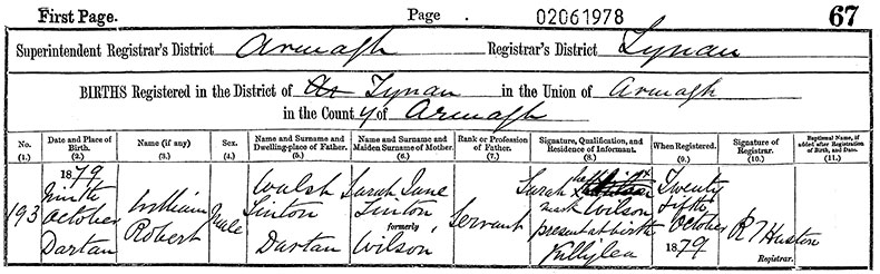 Birth Certificate of William Robert Sinton - 9 October 1879