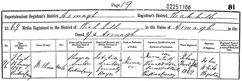 Birth Certificate of William Sinton - 3 February 1869