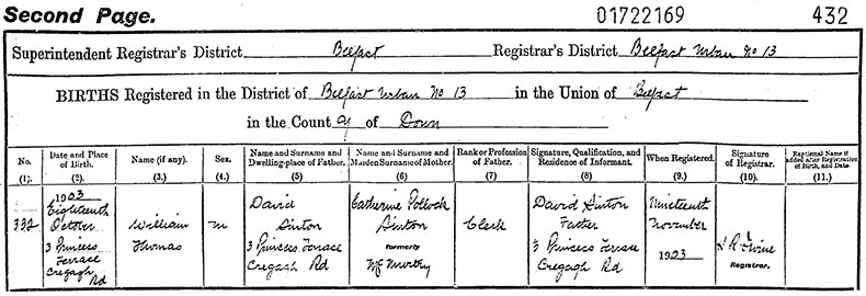 Birth Certificate of William Thomas Sinton - 18 October 1903