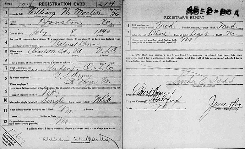 World War I Draft Registration of William Watkins Martin