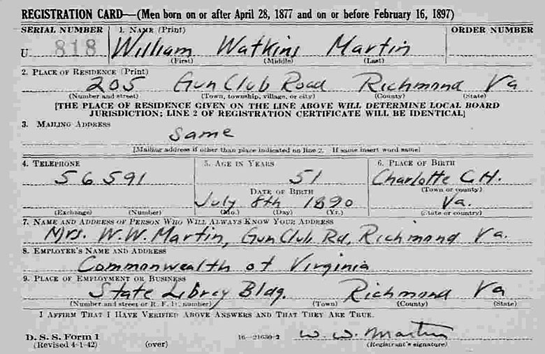 World War II Draft Registration of William Watkins Martin
