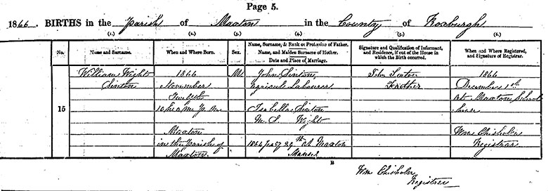 Birth Certificate of William Wight Sinton - 12 November 1866