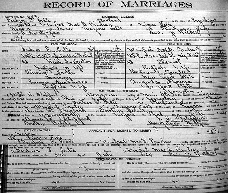 Marriage Record of Gardner Frederick Erdle and Winifred MacGregor Candee