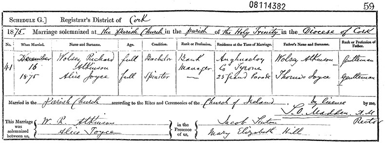 Marriage Certificate of Wolsey Richard Atkinson and Alice Joyce - 16 December 1875