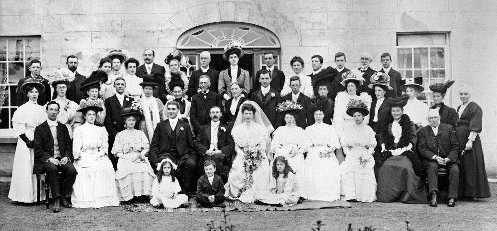 Photograph of Wedding of John Gibson and Sarah Sinton 1908 - Photo taken in front of Tamnaghmore House